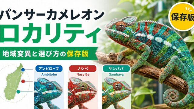 パンサーカメレオン地域変異（ロカリティ）完全ガイド！アンビロベ・ノシベ・サンバヴァの特徴・飼育ポイントを徹底解説の要点を伝えるカメレオン・爬虫類記事アイキャッチ画像