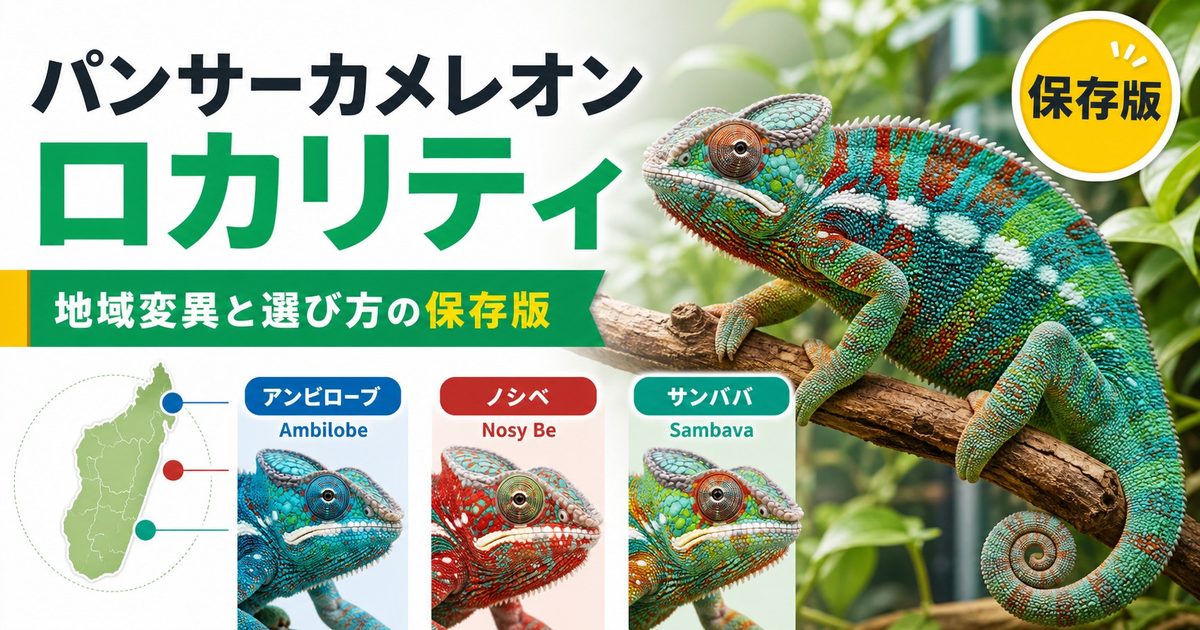 パンサーカメレオン地域変異（ロカリティ）完全ガイド！アンビロベ・ノシベ・サンバヴァの特徴・飼育ポイントを徹底解説の要点を伝えるカメレオン・爬虫類記事アイキャッチ画像