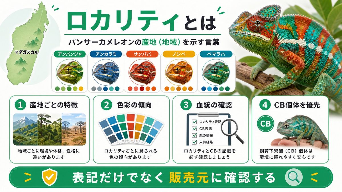 パンサーカメレオンのロカリティ（地域変異）とはの要点をまとめたカメレオン・爬虫類飼育インフォグラフィック