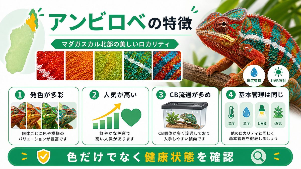 主要ロカリティ①アンビロベの特徴と飼育ポイントの要点をまとめたカメレオン・爬虫類飼育インフォグラフィック