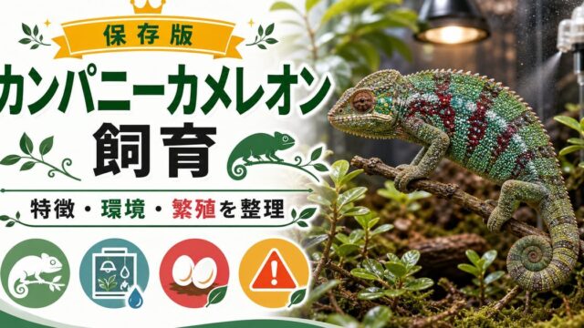 【宝石！】カンパニーカメレオンの特徴や飼育方法・育て方・生息地・繁殖・注意点について解説！の要点を伝えるカメレオン・爬虫類記事アイキャッチ画像