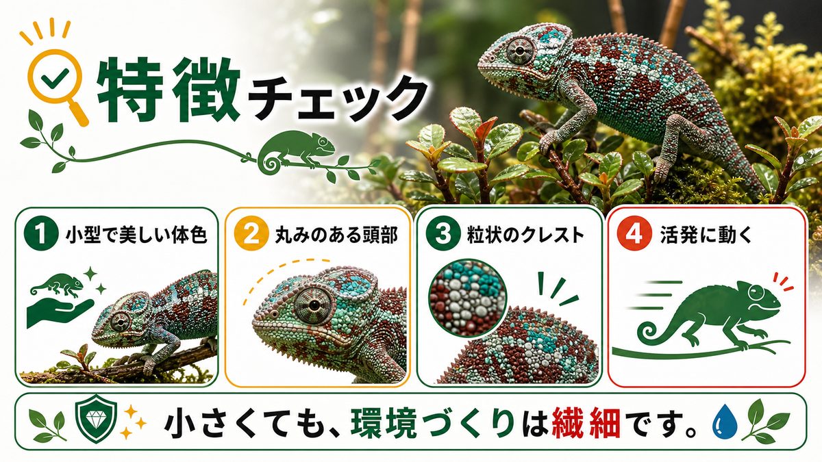 カメレオン界の宝石！カンパニーカメレオンの特徴についての要点をまとめたカメレオン・爬虫類飼育インフォグラフィック