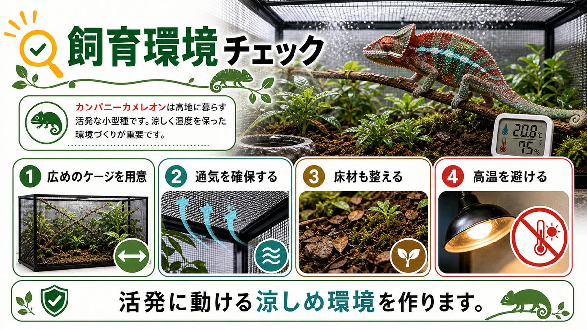カンパニーカメレオンの飼育方法についての要点をまとめたカメレオン・爬虫類飼育インフォグラフィック