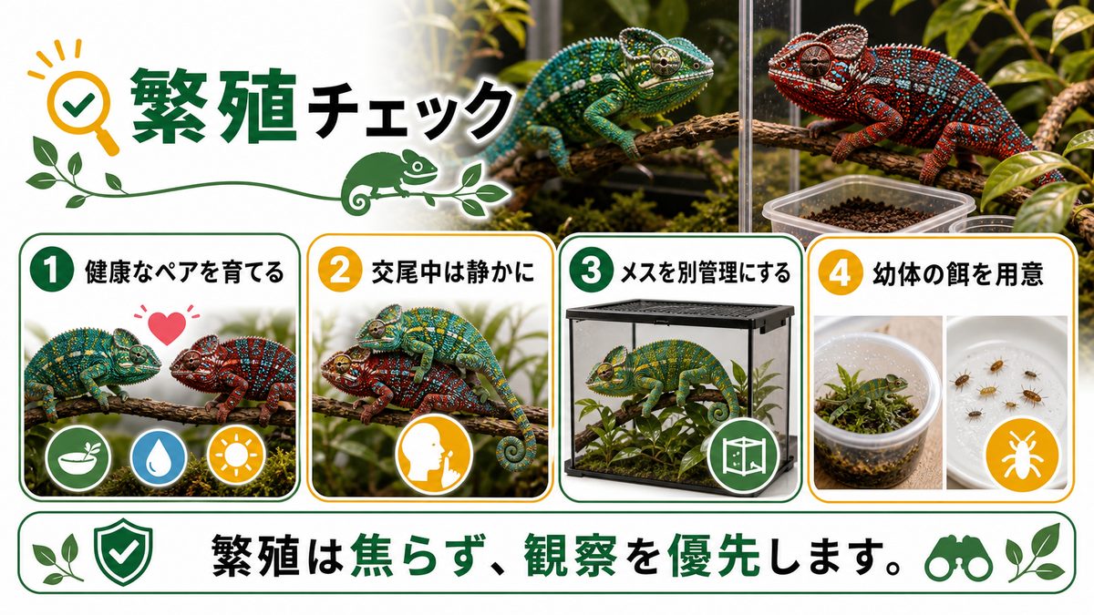 カンパニーカメレオンの繁殖についての要点をまとめたカメレオン・爬虫類飼育インフォグラフィック
