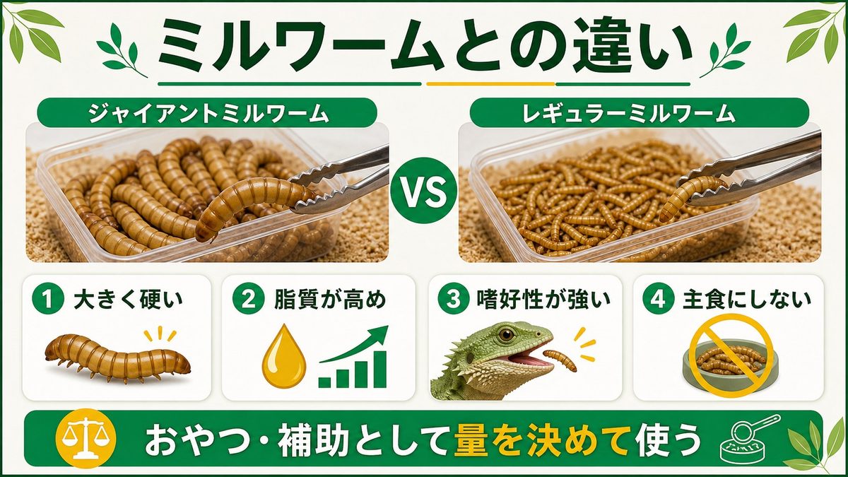 ミルワームとの違い|サイズ・栄養・コスト・嗜好性の比較の要点をまとめたカメレオン・爬虫類飼育インフォグラフィック