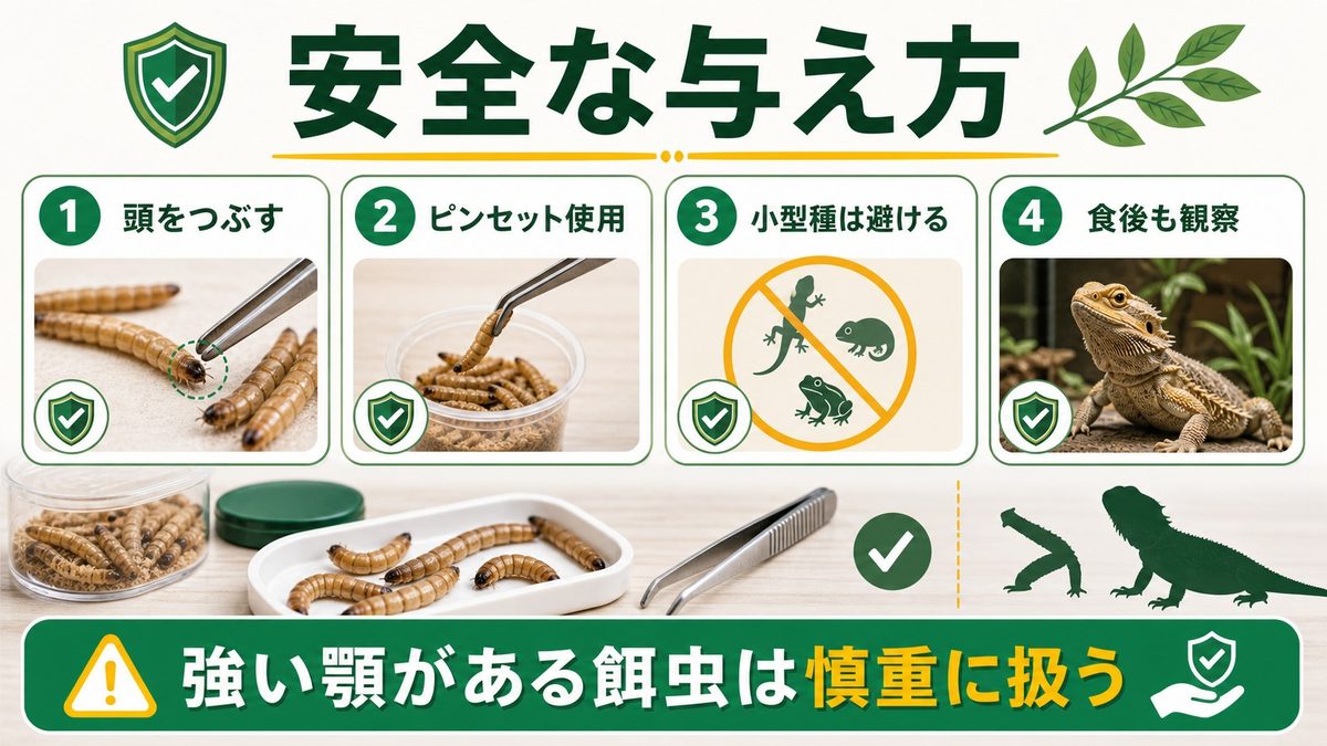 安全な与え方とリスク管理|噛みつきは最大の脅威の要点をまとめたカメレオン・爬虫類飼育インフォグラフィック