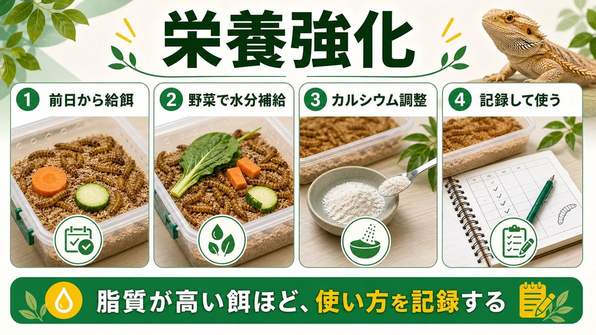 栄養強化|ガットローディング・ダスティングの要点をまとめたカメレオン・爬虫類飼育インフォグラフィック