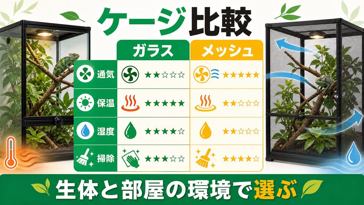 ガラスケージ vs メッシュケージ 一目でわかる比較表の要点をまとめたカメレオン・爬虫類飼育インフォグラフィック
