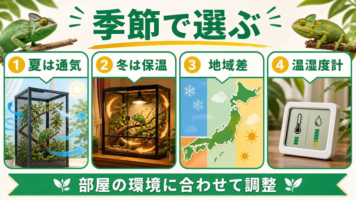 日本の気候に合った選び方（季節・地域別アドバイス）の要点をまとめたカメレオン・爬虫類飼育インフォグラフィック