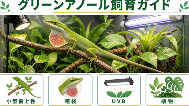 グリーンアノール（アメリカカナヘビ）飼育完全ガイド！特徴・ケージ・餌・喉の赤い袋・カメレオンとの違いを徹底解説の要点を伝えるカメレオン・爬虫類記事アイキャッチ画像