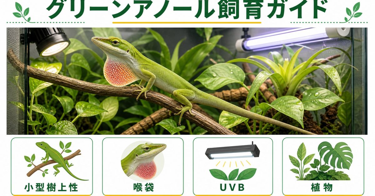 グリーンアノール（アメリカカナヘビ）飼育完全ガイド！特徴・ケージ・餌・喉の赤い袋・カメレオンとの違いを徹底解説の要点を伝えるカメレオン・爬虫類記事アイキャッチ画像