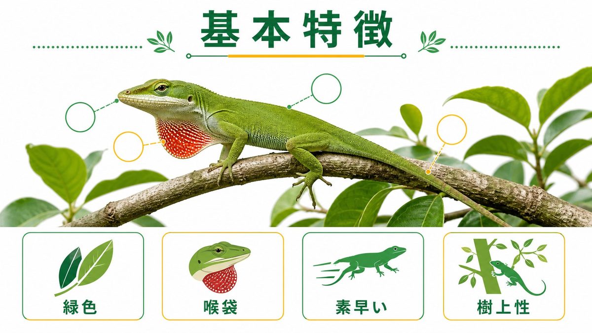 グリーンアノールの基本情報・見た目の特徴の要点をまとめたカメレオン・爬虫類飼育インフォグラフィック