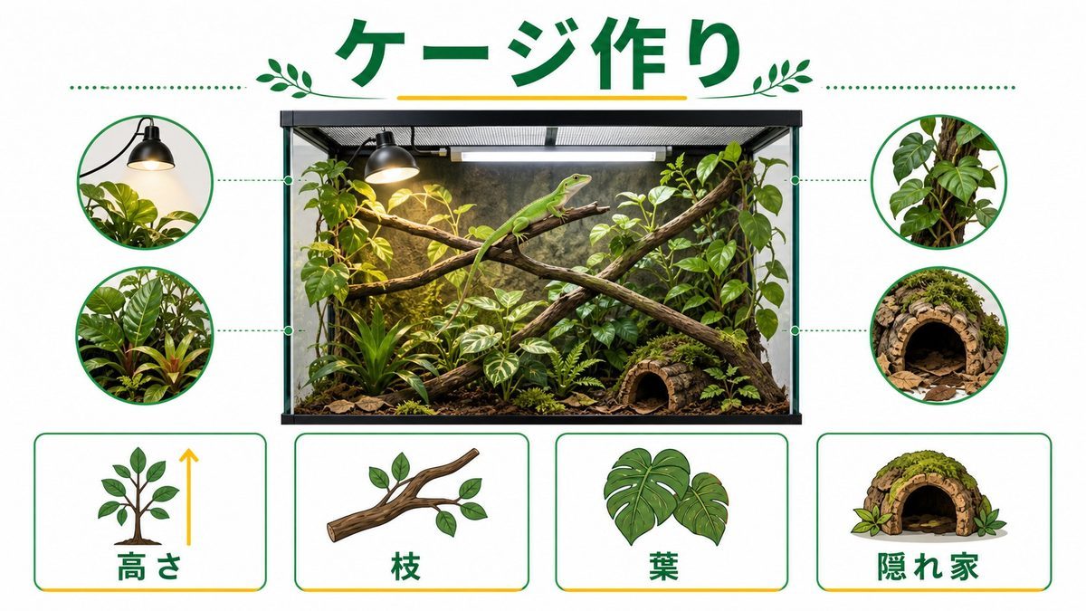 飼育ケージ・レイアウトの作り方の要点をまとめたカメレオン・爬虫類飼育インフォグラフィック