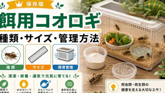【餌用昆虫】コオロギの種類や飼育管理方法を解説！の要点を伝えるカメレオン・爬虫類記事アイキャッチ画像