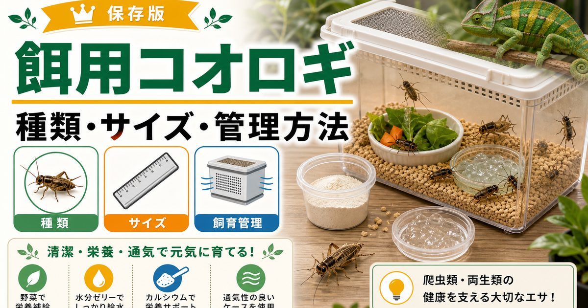 【餌用昆虫】コオロギの種類や飼育管理方法を解説！の要点を伝えるカメレオン・爬虫類記事アイキャッチ画像