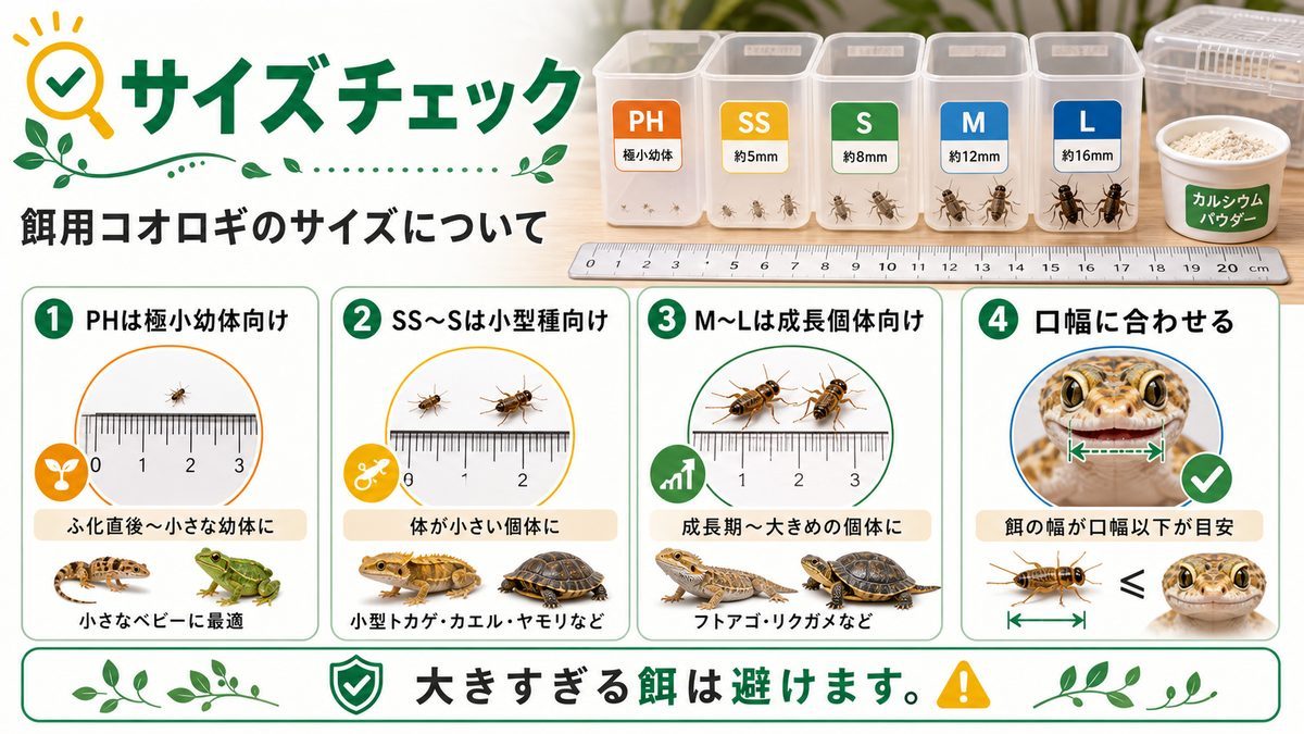 餌用コオロギのサイズについての要点をまとめたカメレオン・爬虫類飼育インフォグラフィック
