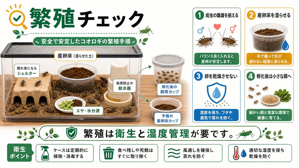 コオロギの繁殖についての要点をまとめたカメレオン・爬虫類飼育インフォグラフィック
