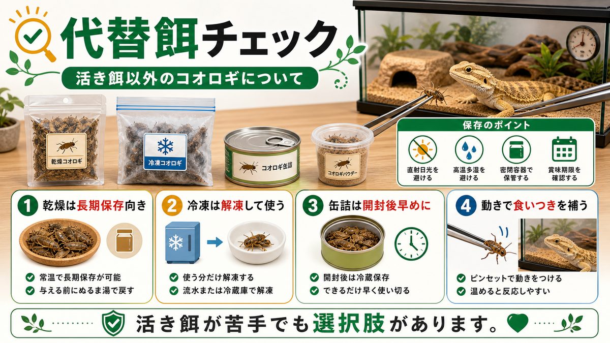 活き餌以外のコオロギについての要点をまとめたカメレオン・爬虫類飼育インフォグラフィック