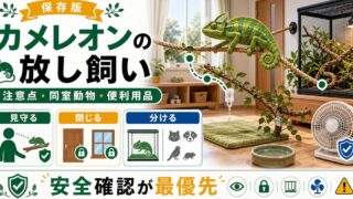 カメレオンの放し飼い時の注意点、一緒に飼育できる動物をご紹介！【給水器など飼育環境の参考に】の要点を伝えるカメレオン・爬虫類記事アイキャッチ画像
