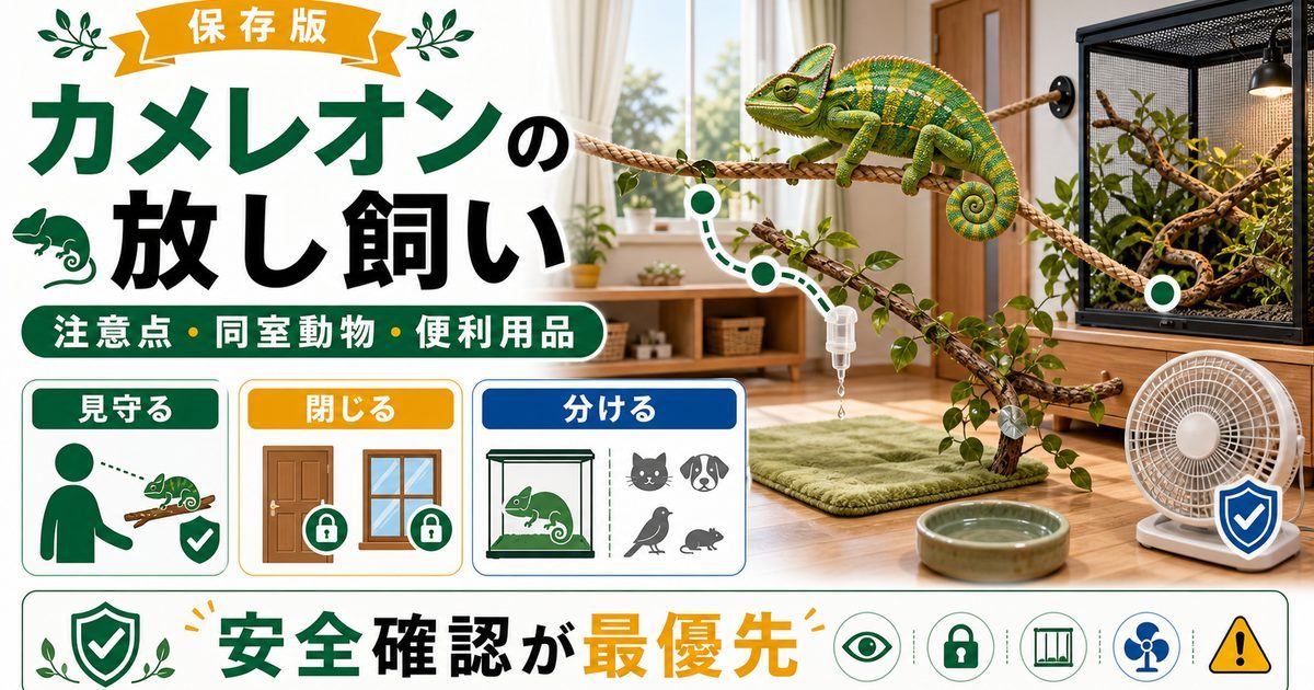 カメレオンの放し飼い時の注意点、一緒に飼育できる動物をご紹介！【給水器など飼育環境の参考に】の要点を伝えるカメレオン・爬虫類記事アイキャッチ画像