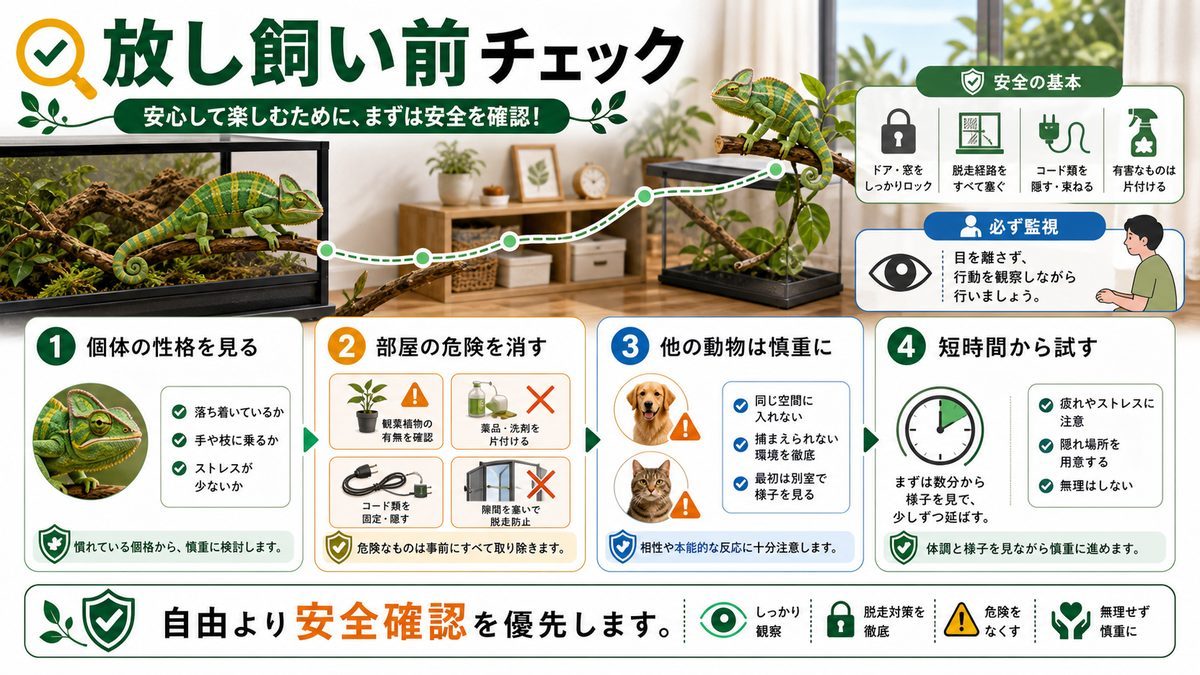 カメレオンの放し飼いや注意点、一緒に飼育できる動物の要点をまとめたカメレオン・爬虫類飼育インフォグラフィック