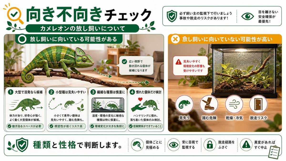 カメレオンの放し飼いについての要点をまとめたカメレオン・爬虫類飼育インフォグラフィック