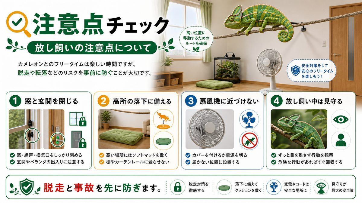 放し飼いの注意点についての要点をまとめたカメレオン・爬虫類飼育インフォグラフィック
