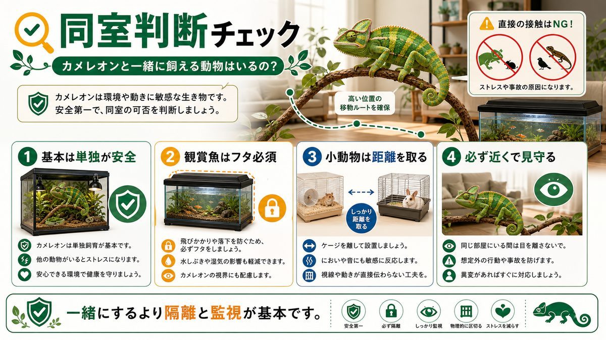 カメレオンと一緒に飼える動物はいるの？の要点をまとめたカメレオン・爬虫類飼育インフォグラフィック