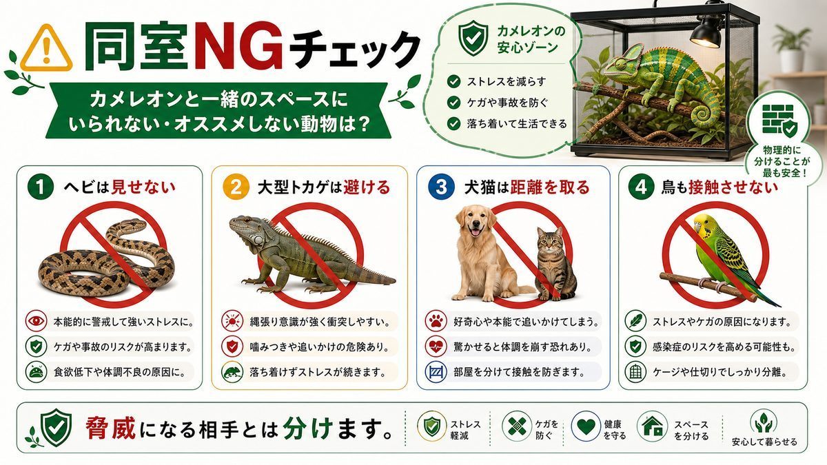 カメレオンと一緒のスペースにいられない・オススメしない動物は？の要点をまとめたカメレオン・爬虫類飼育インフォグラフィック
