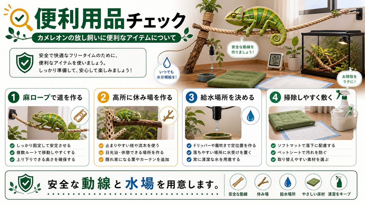 カメレオンの放し飼いに便利なアイテムについての要点をまとめたカメレオン・爬虫類飼育インフォグラフィック