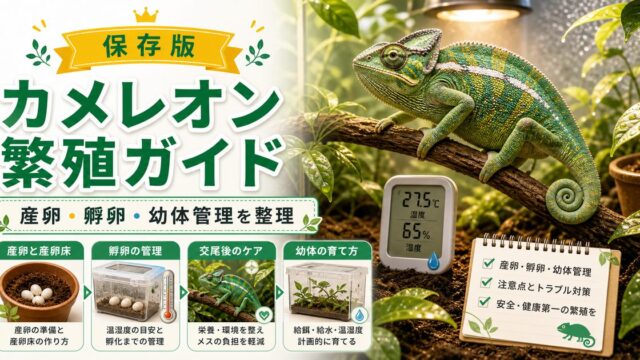 【産卵写真レポートあり！】カメレオンの繁殖に成功！出産時のケア・孵卵方法などについての総まとめ！の要点を伝えるカメレオン・爬虫類記事アイキャッチ画像