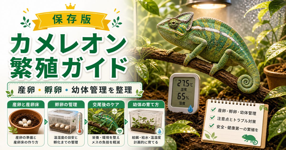 【産卵写真レポートあり！】カメレオンの繁殖に成功！出産時のケア・孵卵方法などについての総まとめ！の要点を伝えるカメレオン・爬虫類記事アイキャッチ画像