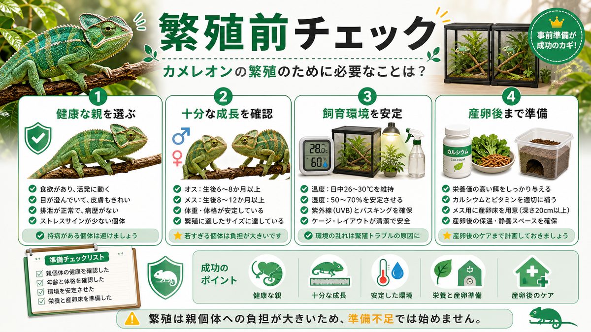 カメレオンの繁殖のために必要なことは?の要点をまとめたカメレオン・爬虫類飼育インフォグラフィック