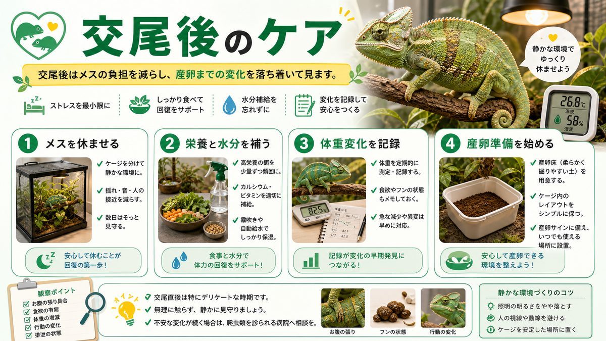 交尾後のお世話についての要点をまとめたカメレオン・爬虫類飼育インフォグラフィック