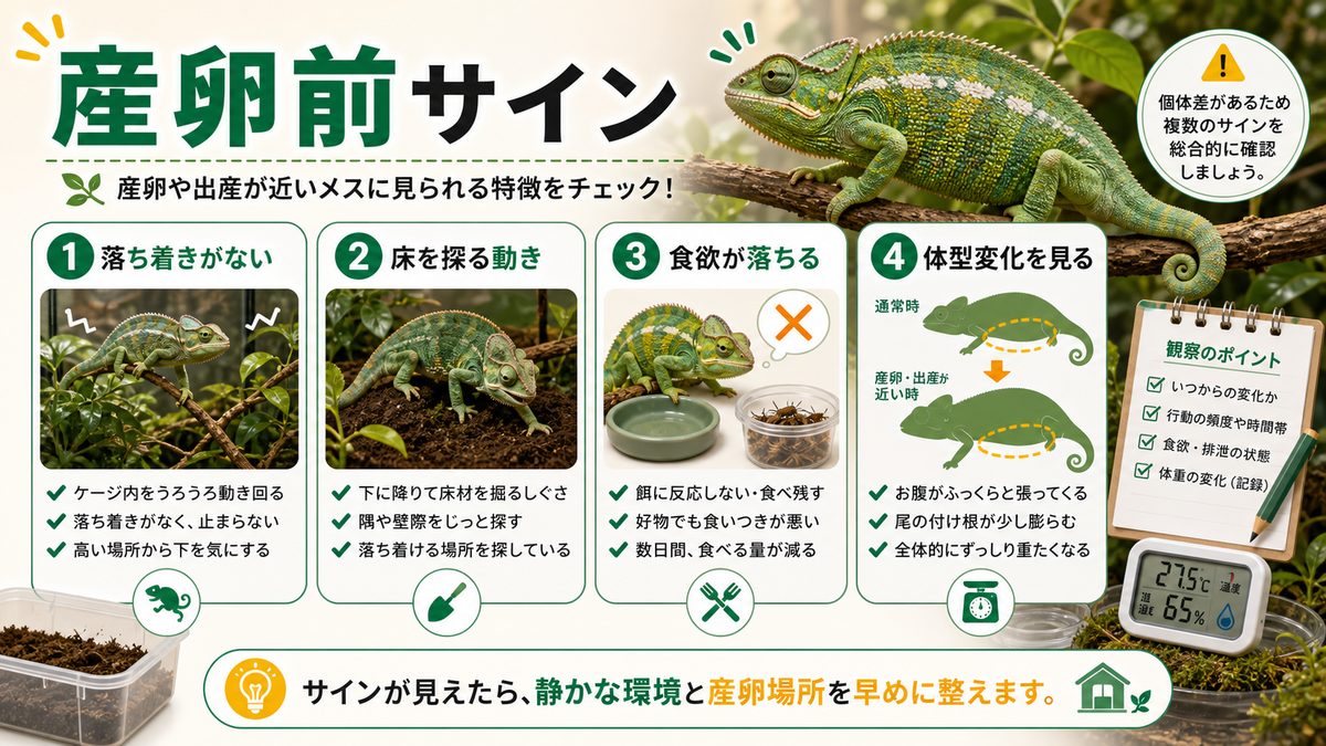 産卵、出産が近いメスの特徴は?の要点をまとめたカメレオン・爬虫類飼育インフォグラフィック