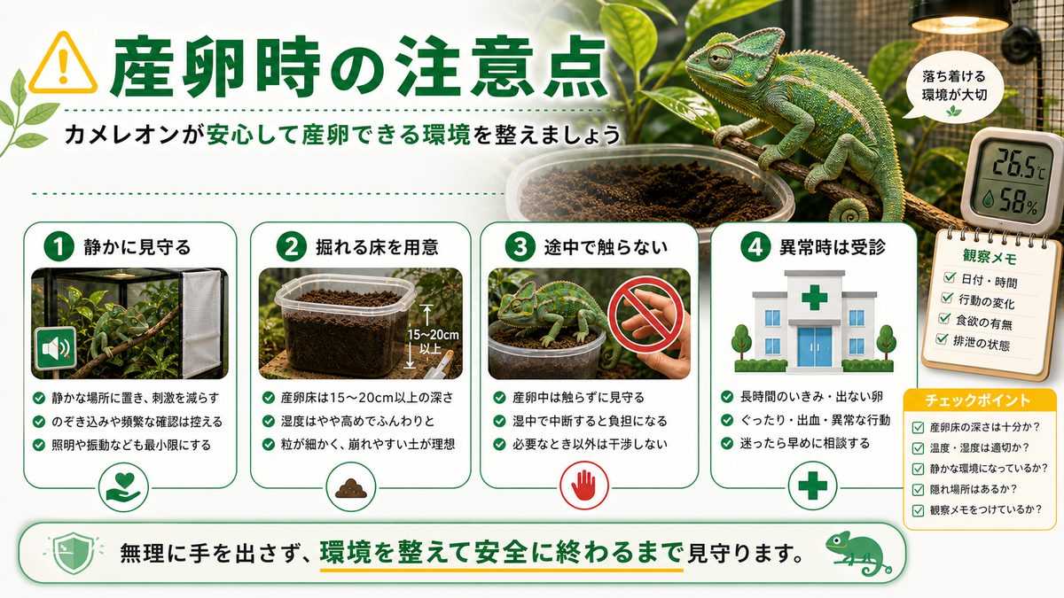 産卵、出産の注意点についての要点をまとめたカメレオン・爬虫類飼育インフォグラフィック
