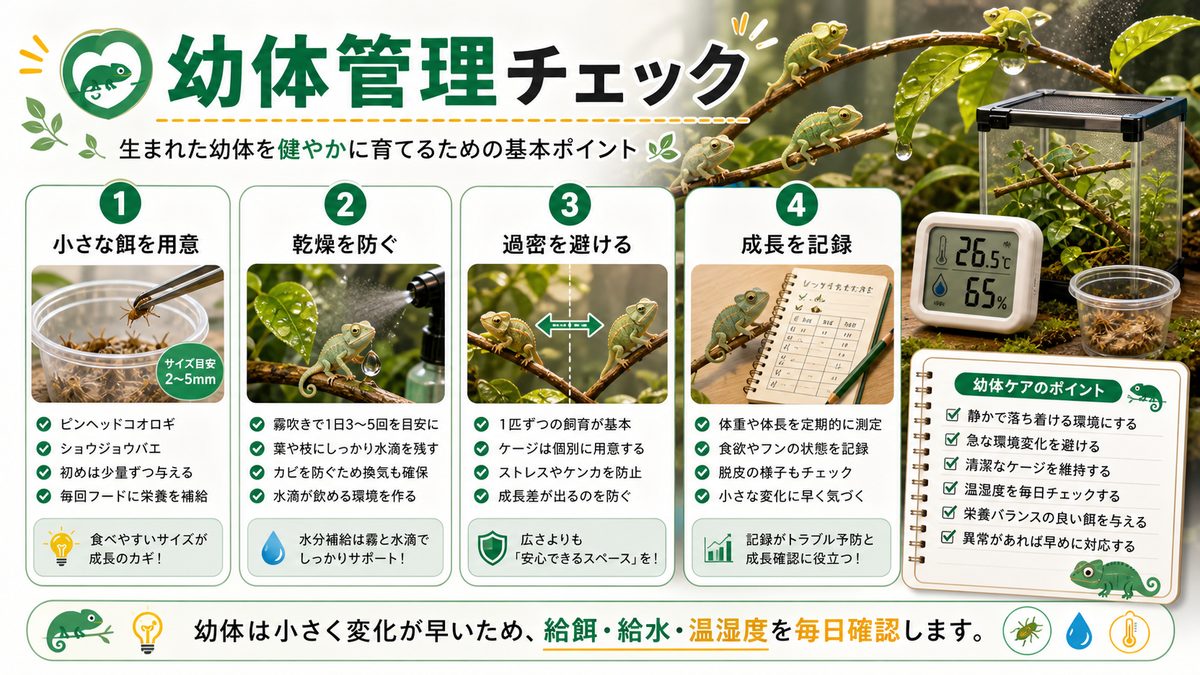 生まれた幼体の管理方法は?の要点をまとめたカメレオン・爬虫類飼育インフォグラフィック