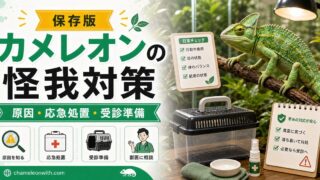 【原因】カメレオン飼育時に起こる怪我の種類・対処法・応急処置・動物病院搬送について徹底解説！の要点を伝えるカメレオン・爬虫類記事アイキャッチ画像