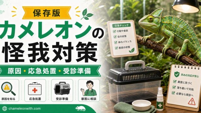 【原因】カメレオン飼育時に起こる怪我の種類・対処法・応急処置・動物病院搬送について徹底解説！の要点を伝えるカメレオン・爬虫類記事アイキャッチ画像
