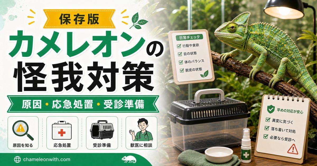 【原因】カメレオン飼育時に起こる怪我の種類・対処法・応急処置・動物病院搬送について徹底解説！の要点を伝えるカメレオン・爬虫類記事アイキャッチ画像