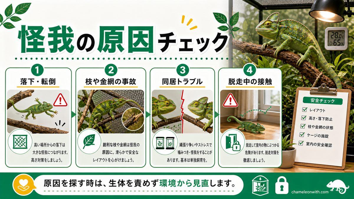 カメレオンの怪我の原因になるものについての要点をまとめたカメレオン・爬虫類飼育インフォグラフィック