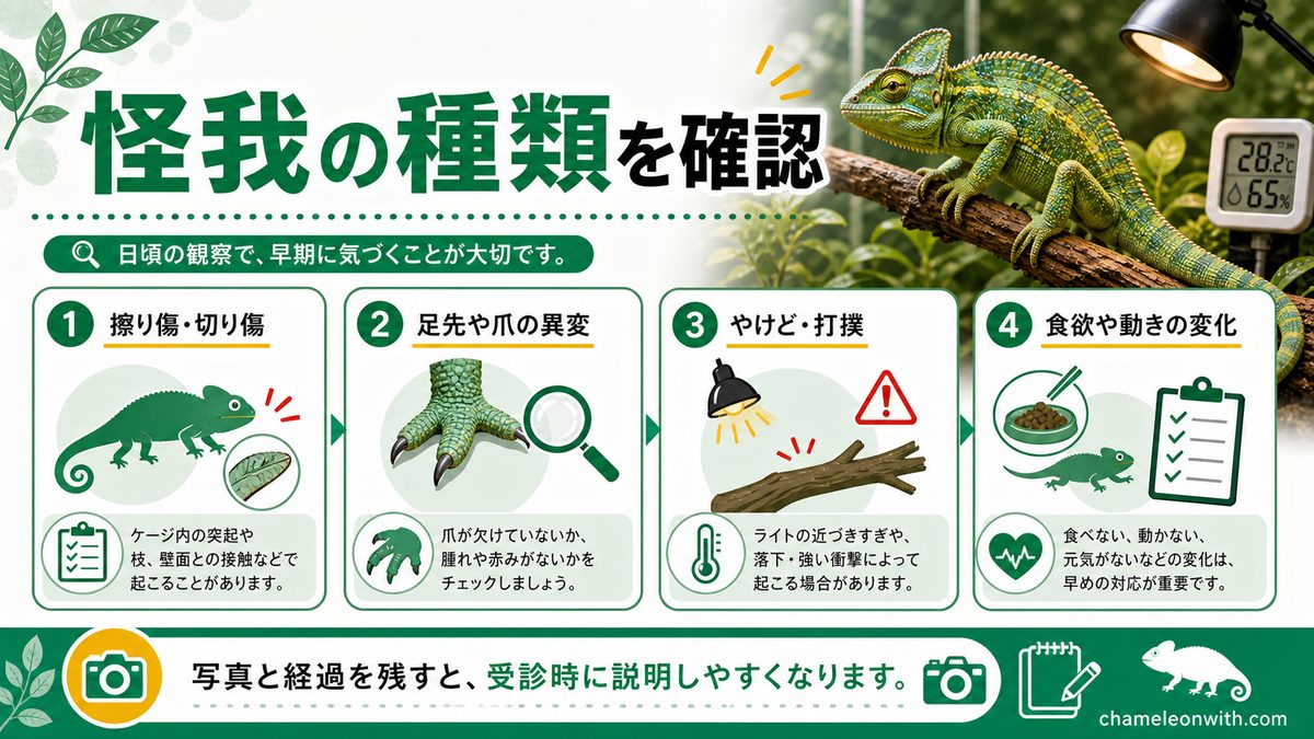カメレオンの怪我の種類についての要点をまとめたカメレオン・爬虫類飼育インフォグラフィック
