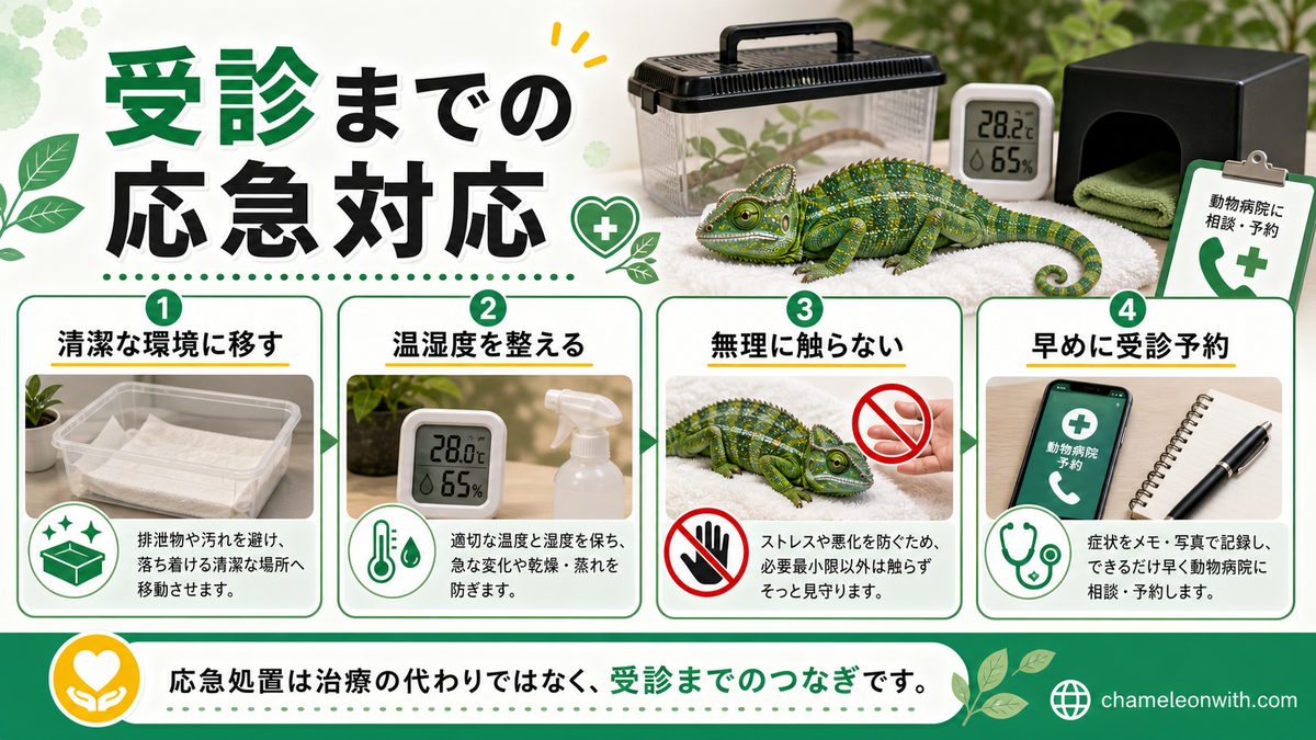怪我をしてしまった時の応急処置についての要点をまとめたカメレオン・爬虫類飼育インフォグラフィック