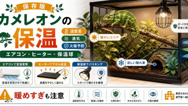 【カメレオンと保温】エアコン、ヒーター、保温球による保温のメリット・デメリットをご紹介！の要点を伝えるカメレオン・爬虫類記事アイキャッチ画像