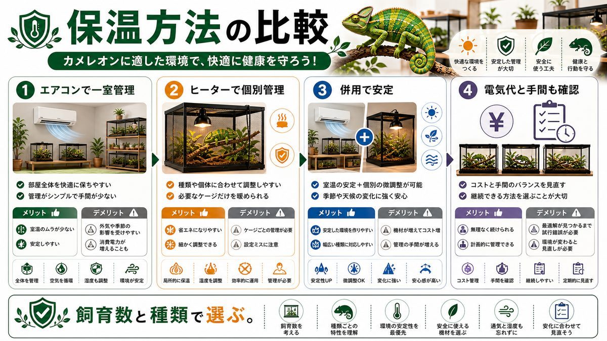 保温の方法についての要点をまとめたカメレオン・爬虫類飼育インフォグラフィック