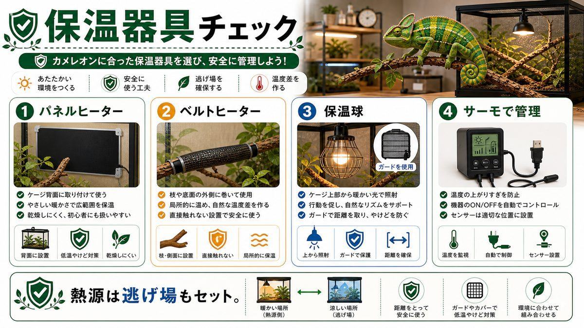 保温器具の種類についての要点をまとめたカメレオン・爬虫類飼育インフォグラフィック
