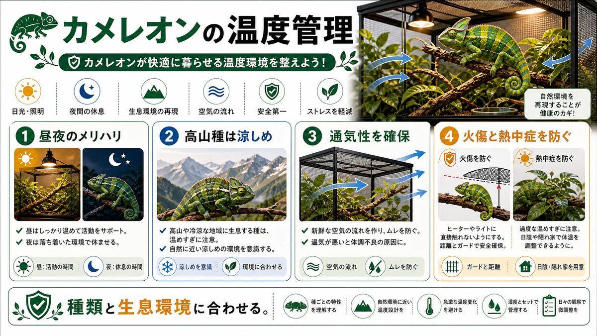 カメレオンの保温についての要点をまとめたカメレオン・爬虫類飼育インフォグラフィック