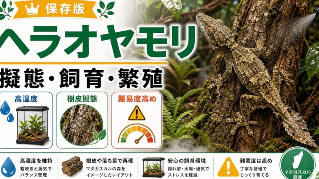 ヘラオヤモリの大きさなどの特徴や飼育方法・育て方・繁殖・注意点について徹底解説！の要点を伝えるカメレオン・爬虫類記事アイキャッチ画像
