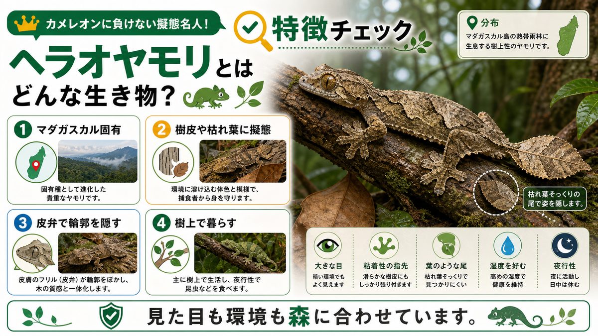 カメレオンに負けない擬態名人！ヘラオヤモリとはどんな生き物？の要点をまとめたカメレオン・爬虫類飼育インフォグラフィック