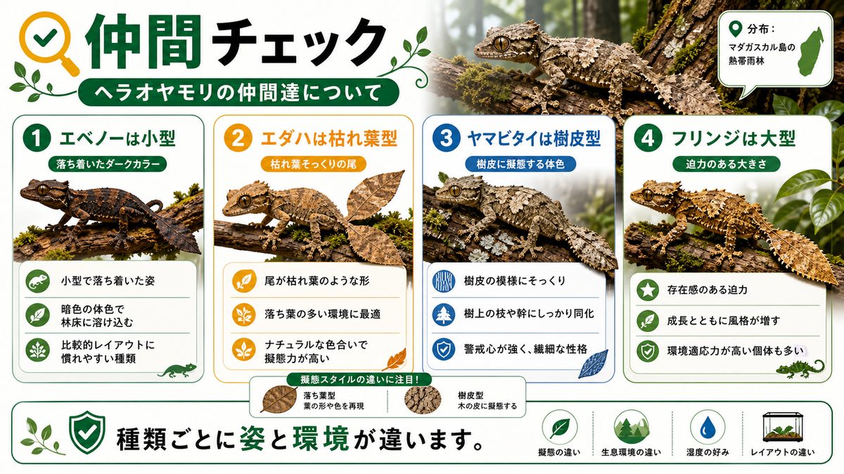 ヘラオヤモリの仲間達についての要点をまとめたカメレオン・爬虫類飼育インフォグラフィック